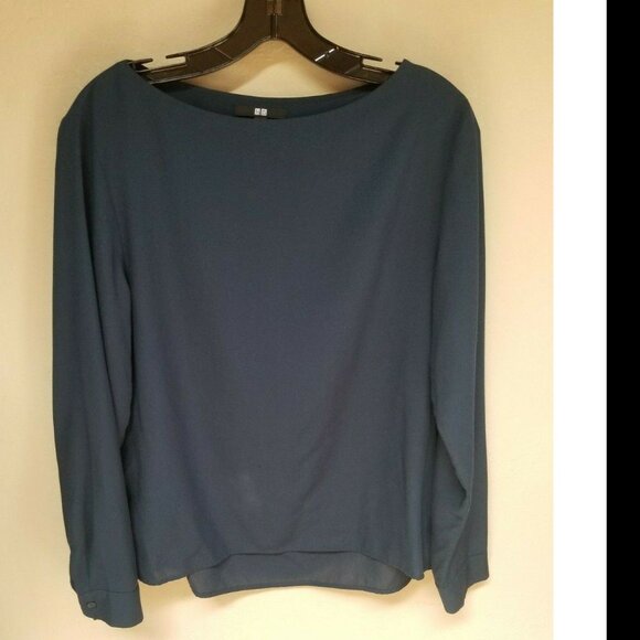 Uniqlo Tops - Uniqlo Womens Boat Neck Long Sleeve Chiffon Top Blouse Large Navy Blue Casual